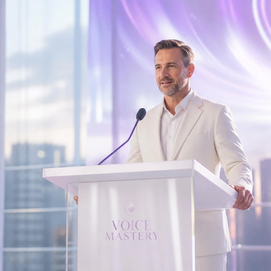 A confident speaker at a podium — the promise of the 10-Day Speaker Mastery Program